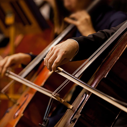 Close image of people playing instruments in an orchestra
